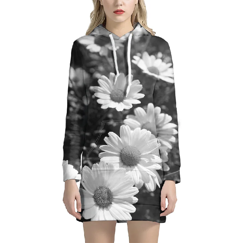 Monochrome Daisy Flower Print Pullover Hoodie Dress