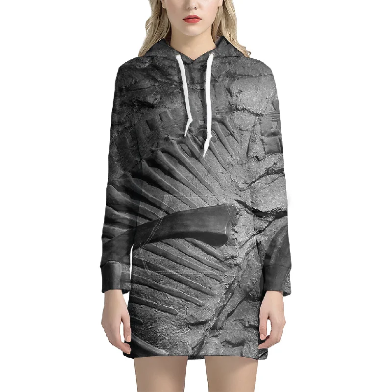 Monochrome Dinosaur Fossil Print Pullover Hoodie Dress