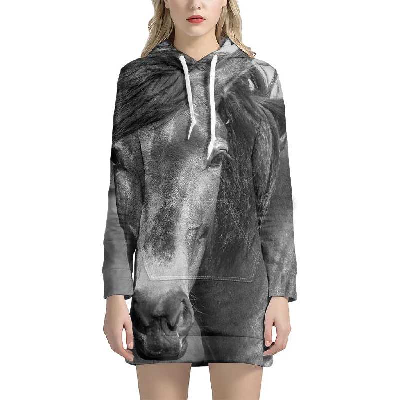 Monochrome Horse Print Pullover Hoodie Dress