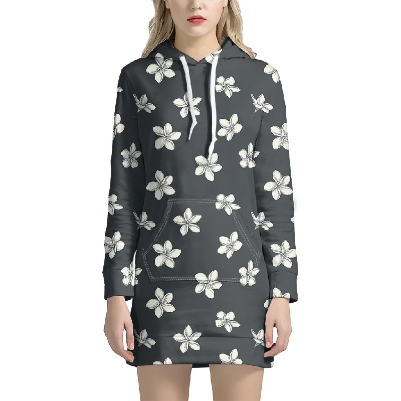 Monochrome Plumeria Pattern Print Pullover Hoodie Dress