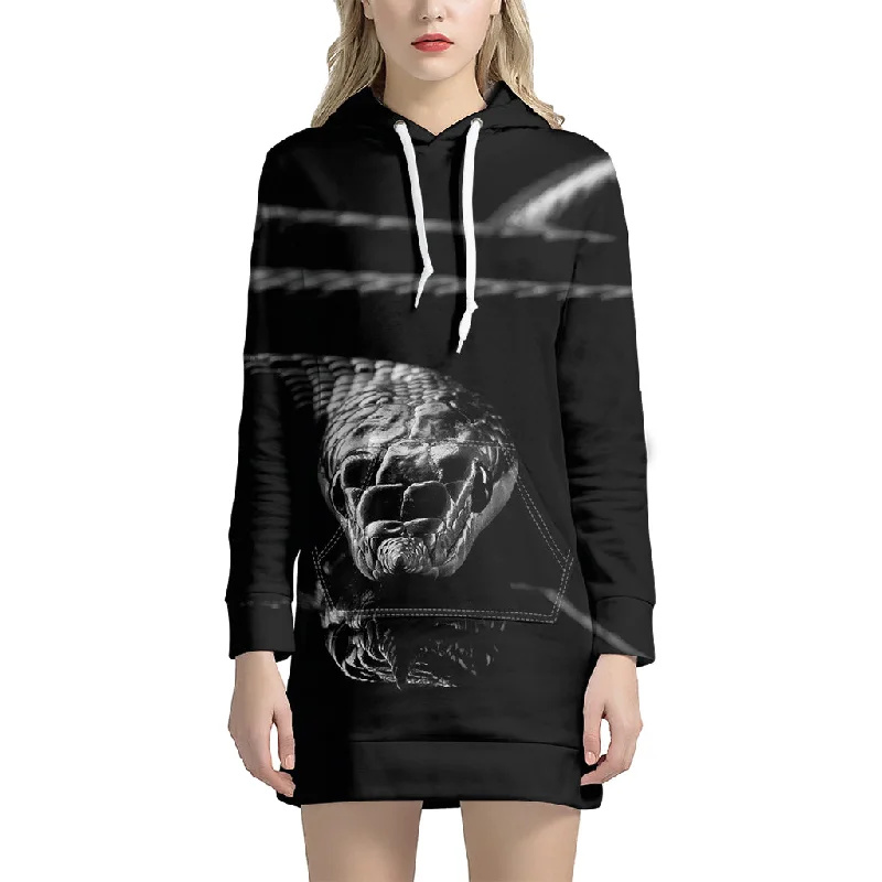 Monochrome Rhinoceros Ratsnake Print Pullover Hoodie Dress