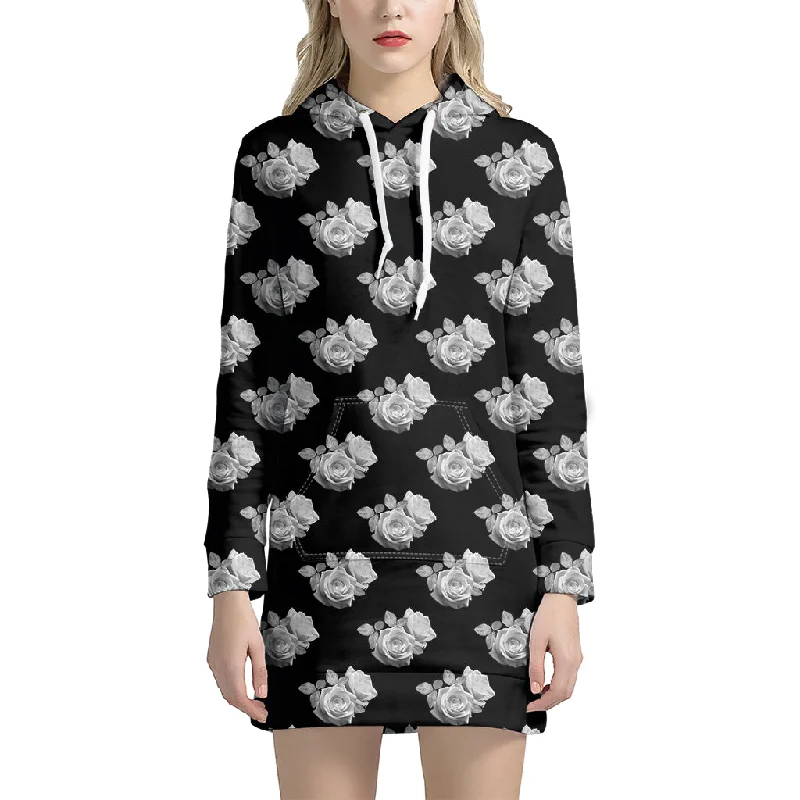Monochrome Rose Pattern Print Pullover Hoodie Dress