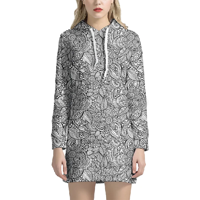 Monochrome Zentangle Pattern Print Pullover Hoodie Dress