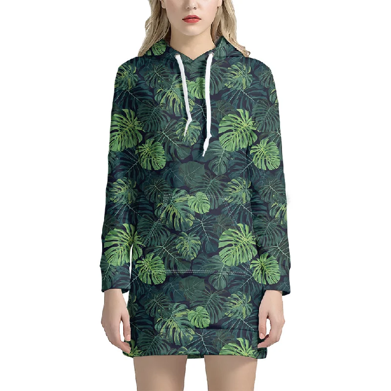 Monstera Palm Leaves Pattern Print Pullover Hoodie Dress