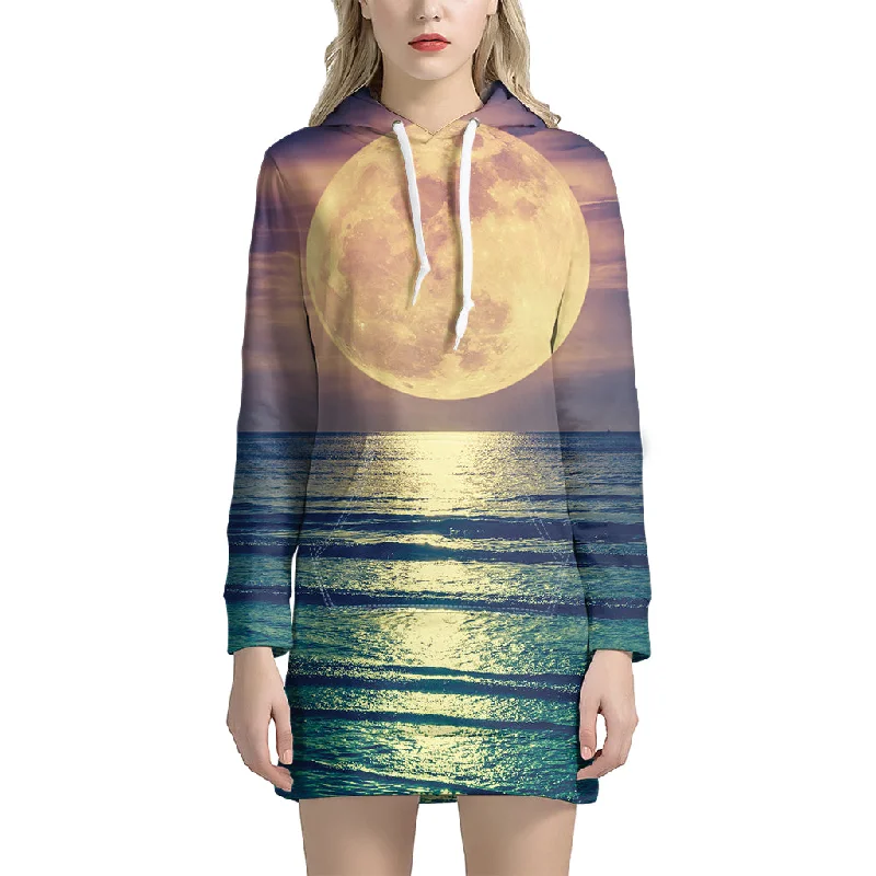 Moon Beach Print Pullover Hoodie Dress