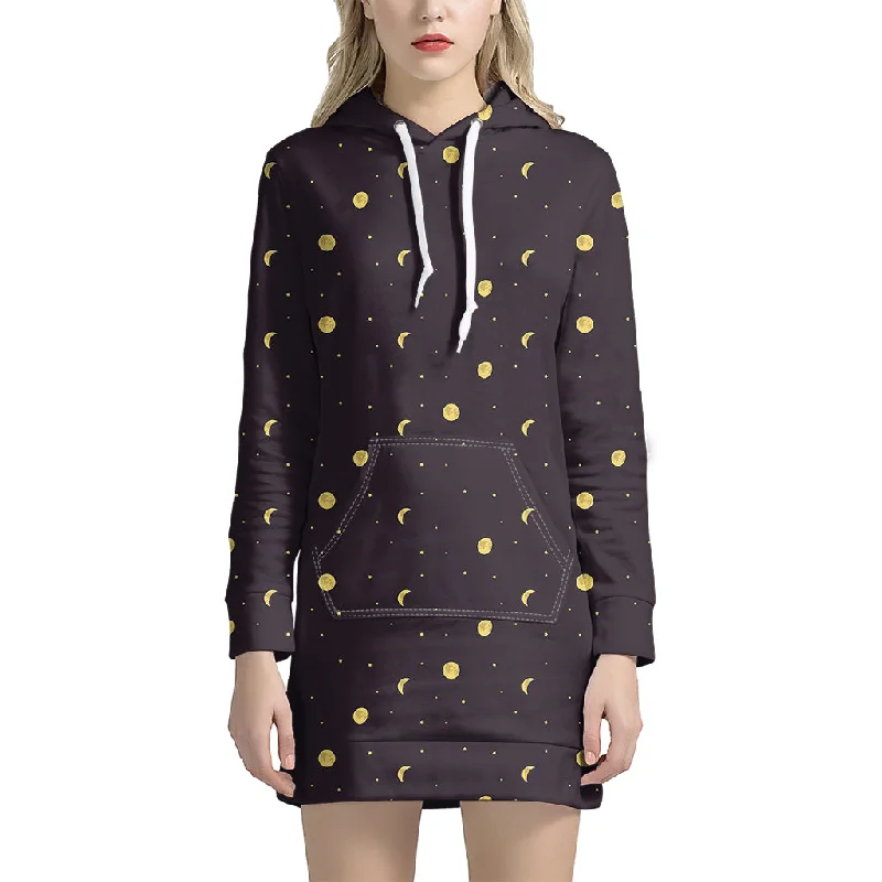 Moon Phase And Stars Pattern Print Pullover Hoodie Dress