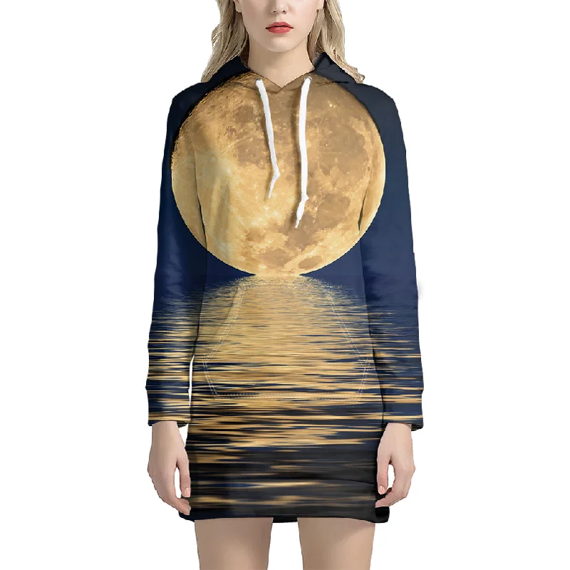 Moonlight On The Sea Print Pullover Hoodie Dress