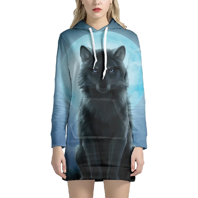 Moonlight Wolf Print Pullover Hoodie Dress