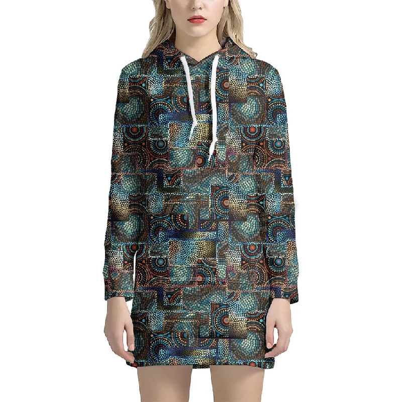 Mosaic Patchwork Pattern Print Pullover Hoodie Dress