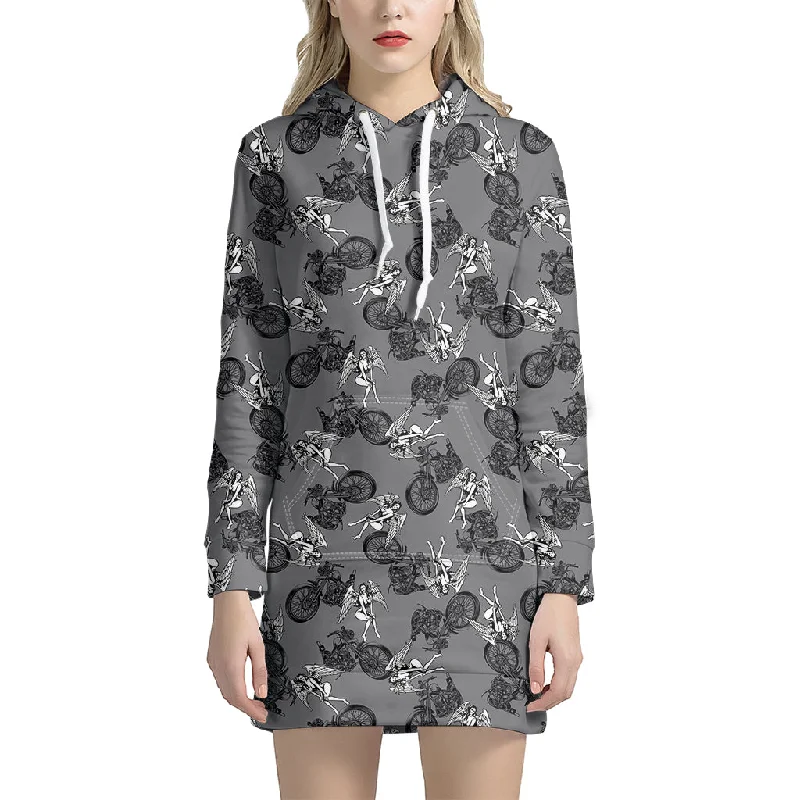 Motorcycle And Angel Pattern Print Pullover Hoodie Dress