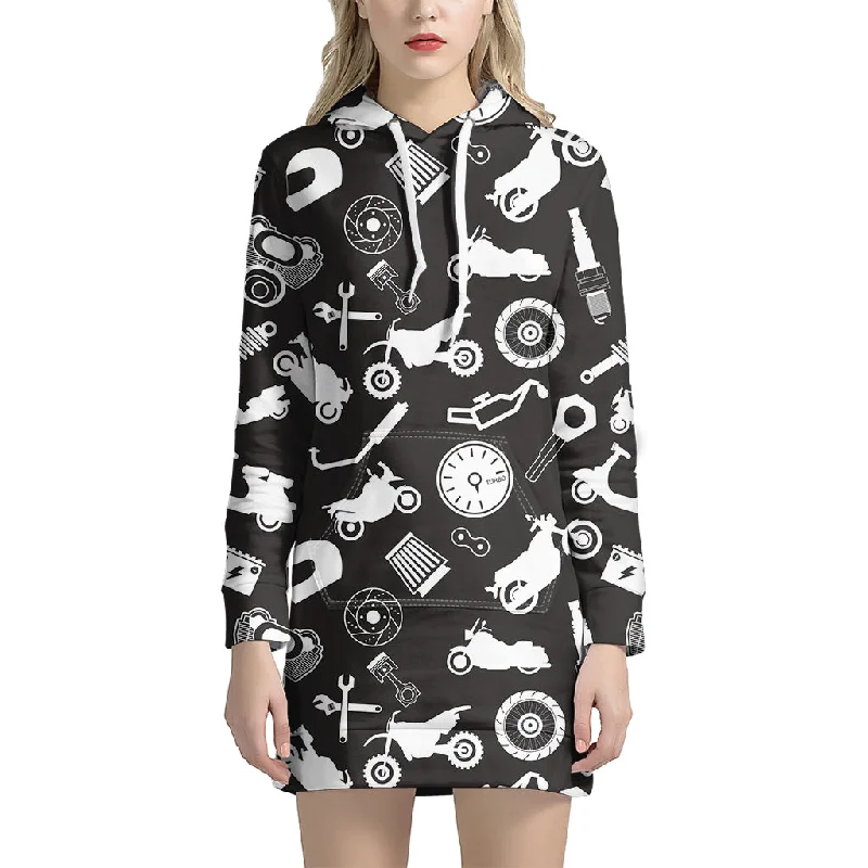 Motorcycle Equipment Pattern Print Pullover Hoodie Dress
