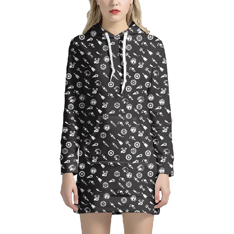 Motorcycle Parts Pattern Print Pullover Hoodie Dress