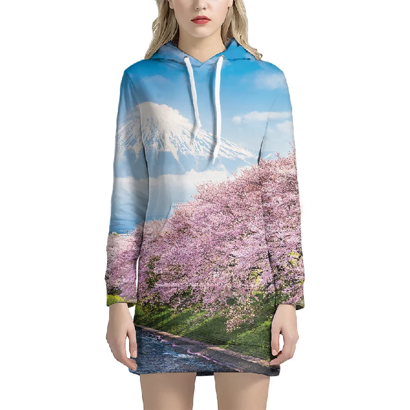 Mount Fuji And Cherry Blossom Print Pullover Hoodie Dress