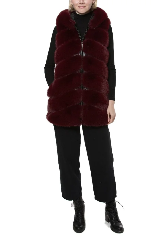 NANTES - Chevron Faux Fur Longline Hooded Vest Hoodie with Raw Hem Edgy Unfinished