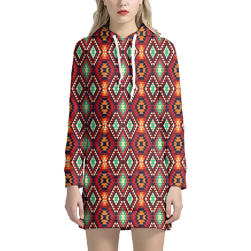 Native American Geometric Pattern Print Pullover Hoodie Dress