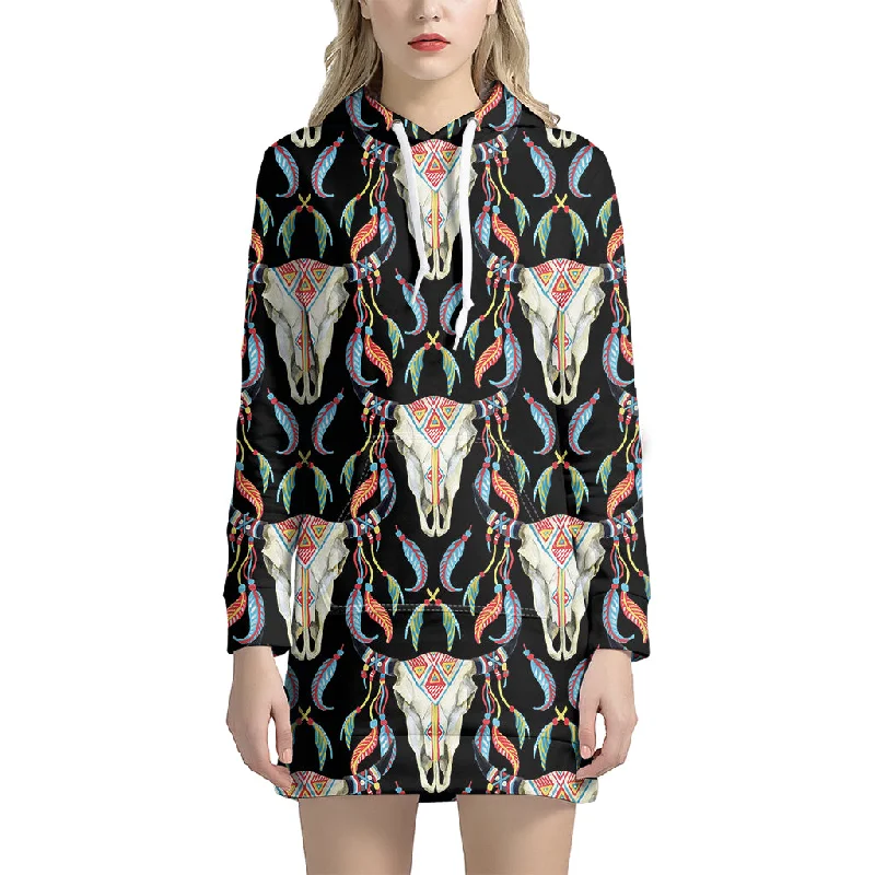 Native Buffalo Pattern Print Pullover Hoodie Dress