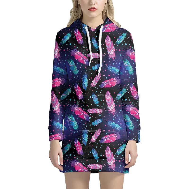 Native Feather Pattern Print Pullover Hoodie Dress