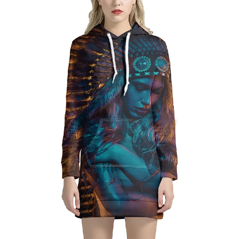 Native Indian Girl Portrait Print Pullover Hoodie Dress