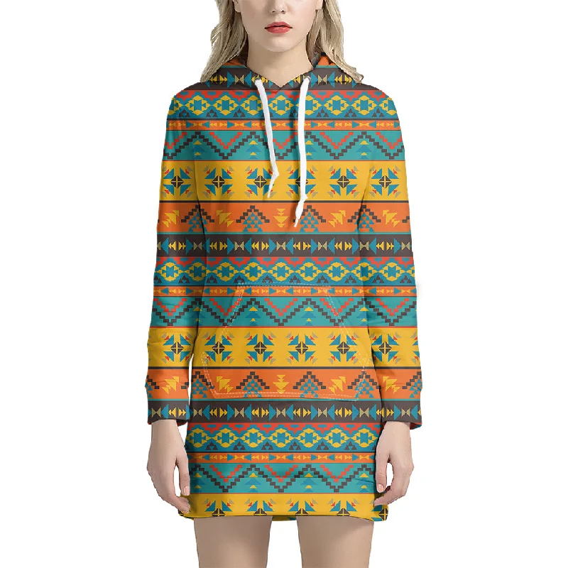 Native Indian Inspired Pattern Print Pullover Hoodie Dress