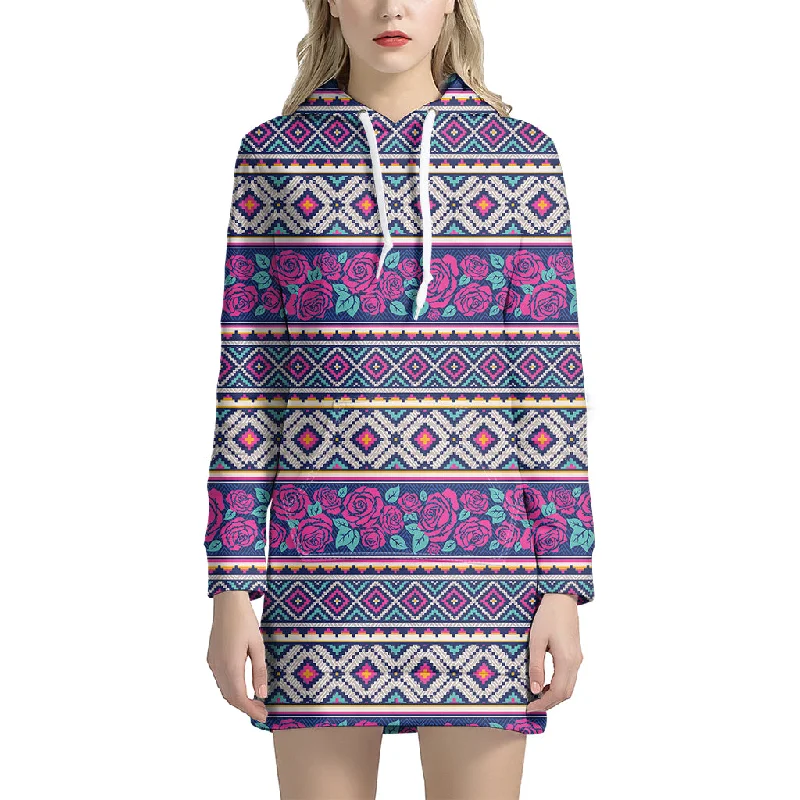 Native Tribal Ethnic Rose Pattern Print Pullover Hoodie Dress