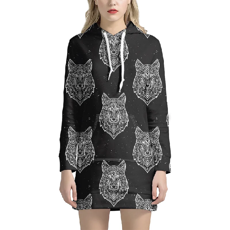 Native Tribal Wolf Pattern Print Pullover Hoodie Dress