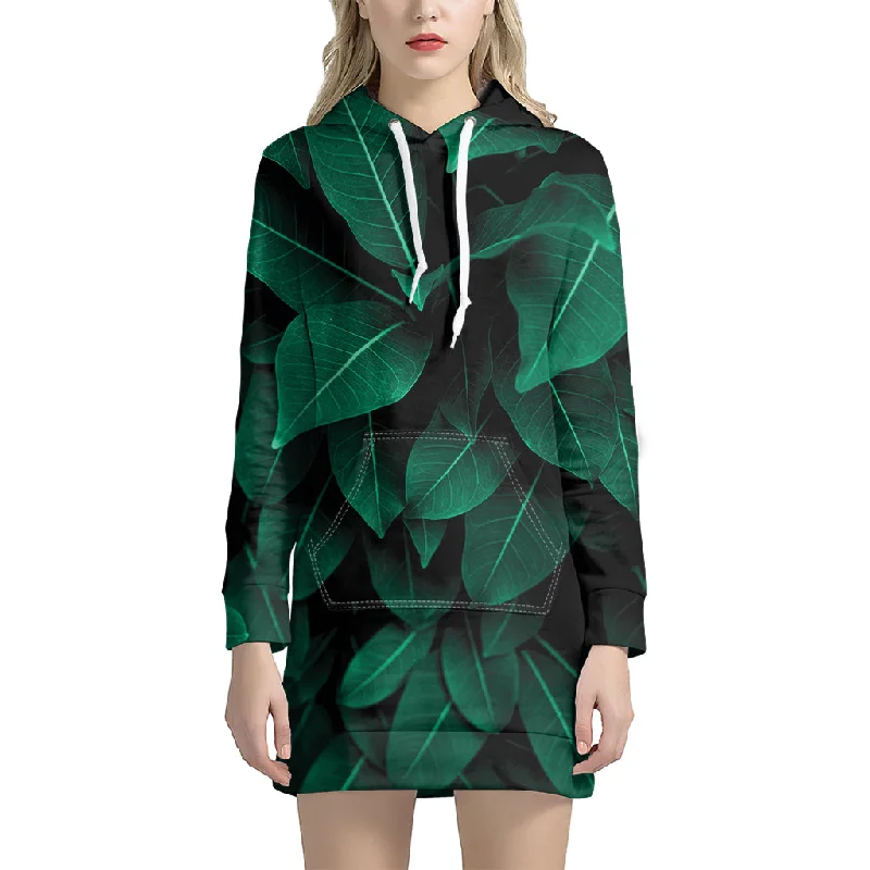 Natural Green Leaf Print Pullover Hoodie Dress