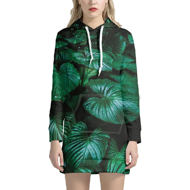 Natural Tropical Leaf Print Pullover Hoodie Dress