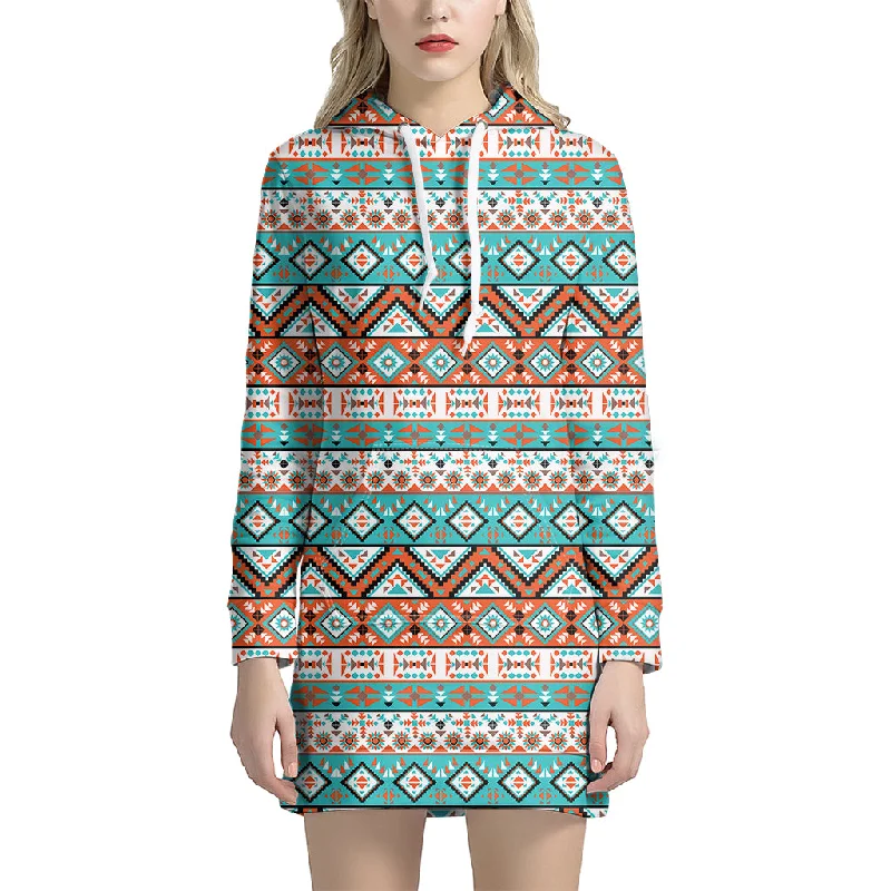 Navajo Geometric Pattern Print Pullover Hoodie Dress