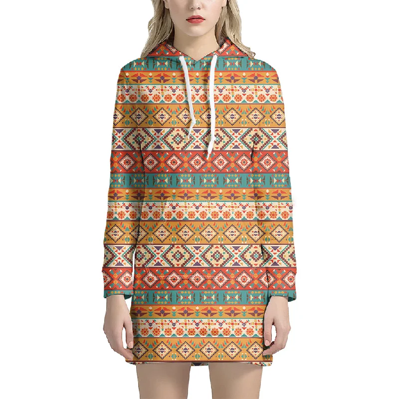 Navajo Native Pattern Print Pullover Hoodie Dress