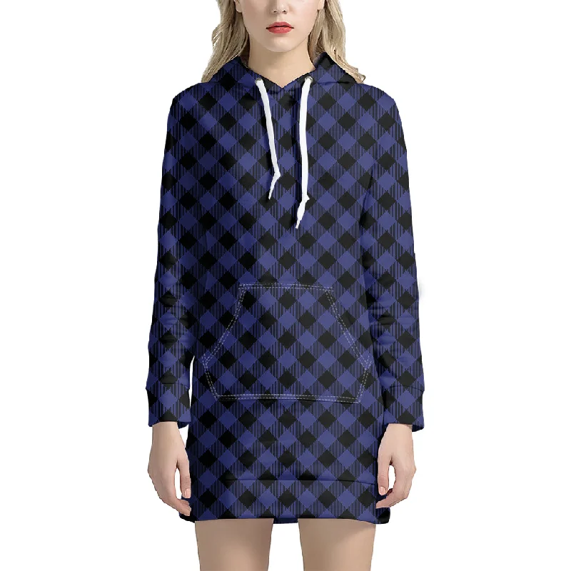 Navy And Black Buffalo Plaid Print Pullover Hoodie Dress