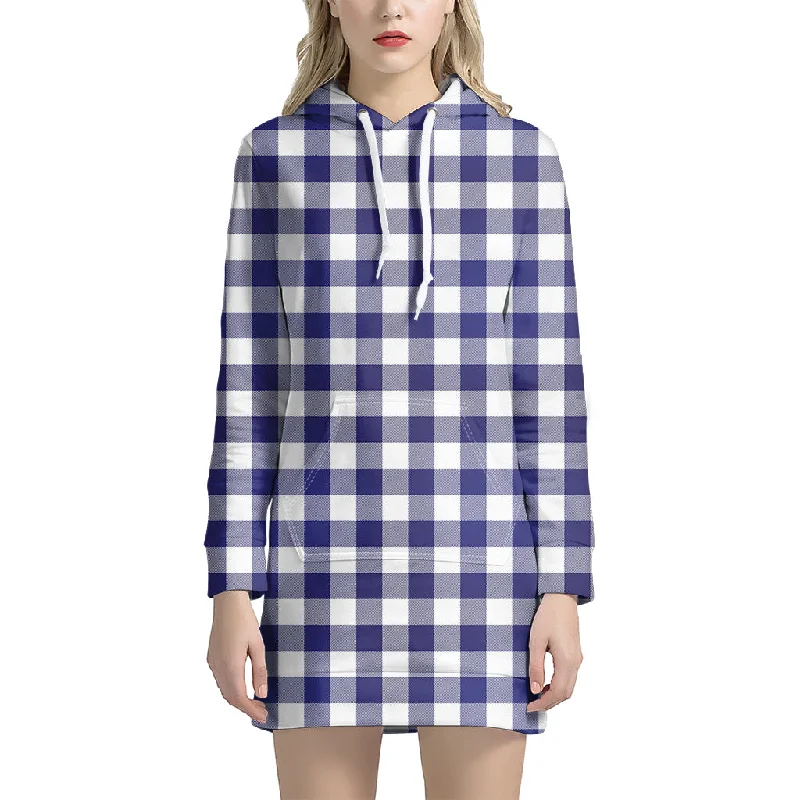 Navy And White Buffalo Check Print Pullover Hoodie Dress