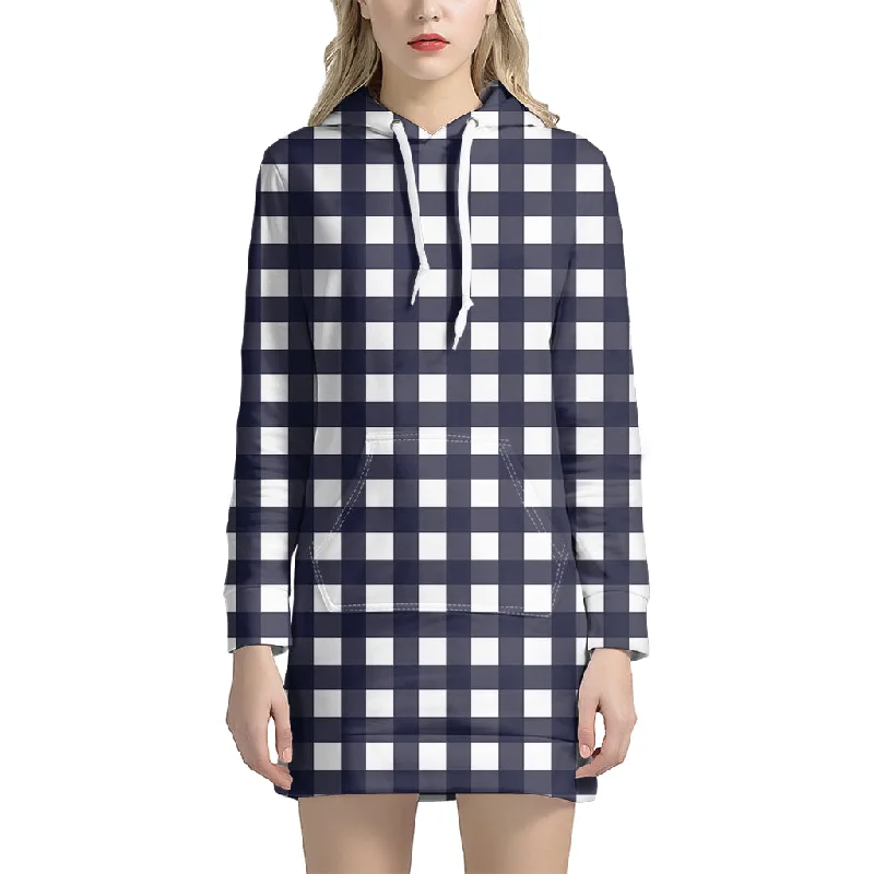 Navy And White Check Pattern Print Pullover Hoodie Dress