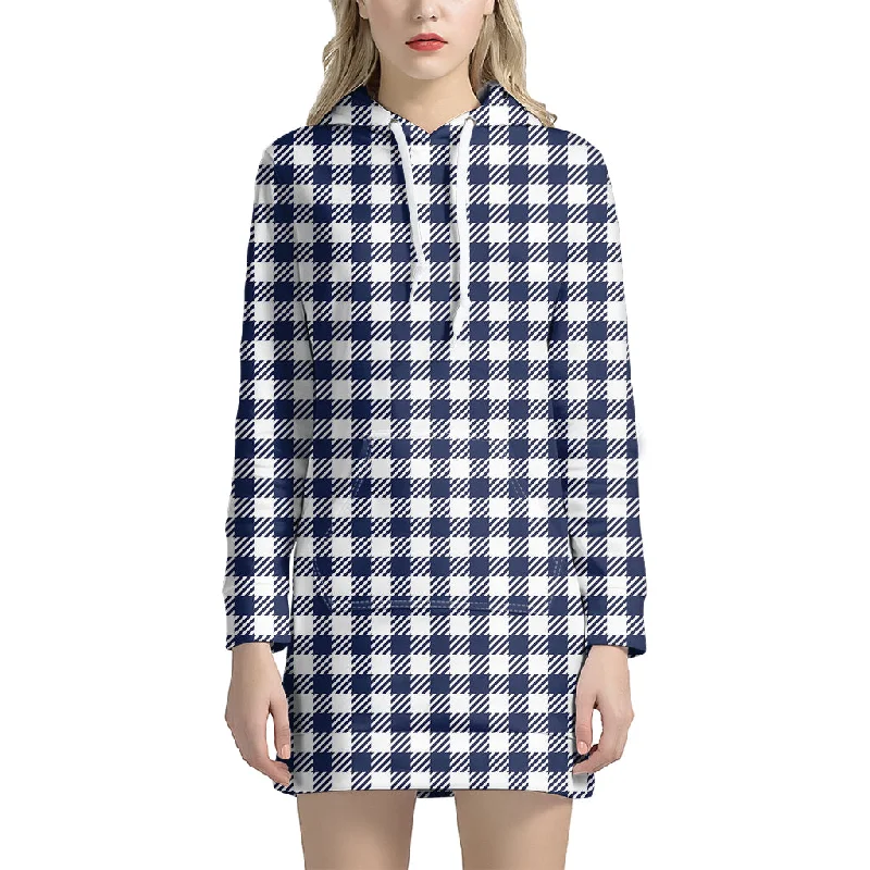 Navy And White Gingham Pattern Print Pullover Hoodie Dress