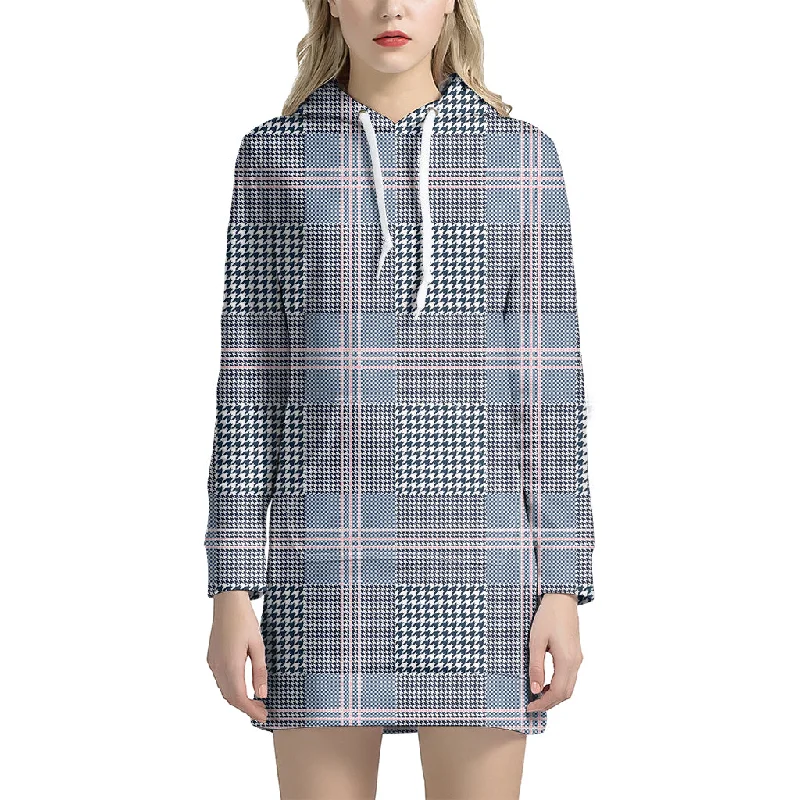 Navy And White Glen Plaid Print Pullover Hoodie Dress