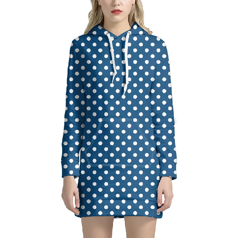 Navy And White Polka Dot Pattern Print Pullover Hoodie Dress