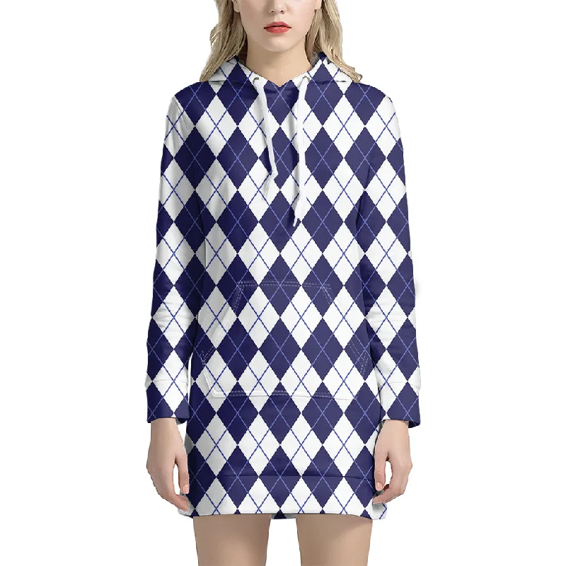 Navy Blue And White Argyle Pattern Print Pullover Hoodie Dress