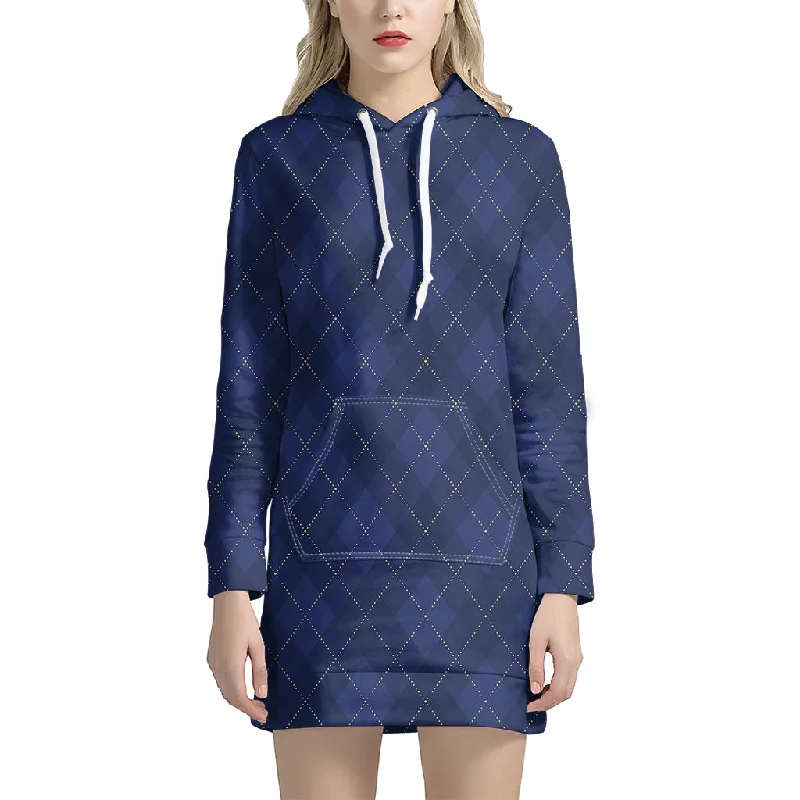 Navy Blue Argyle Pattern Print Pullover Hoodie Dress