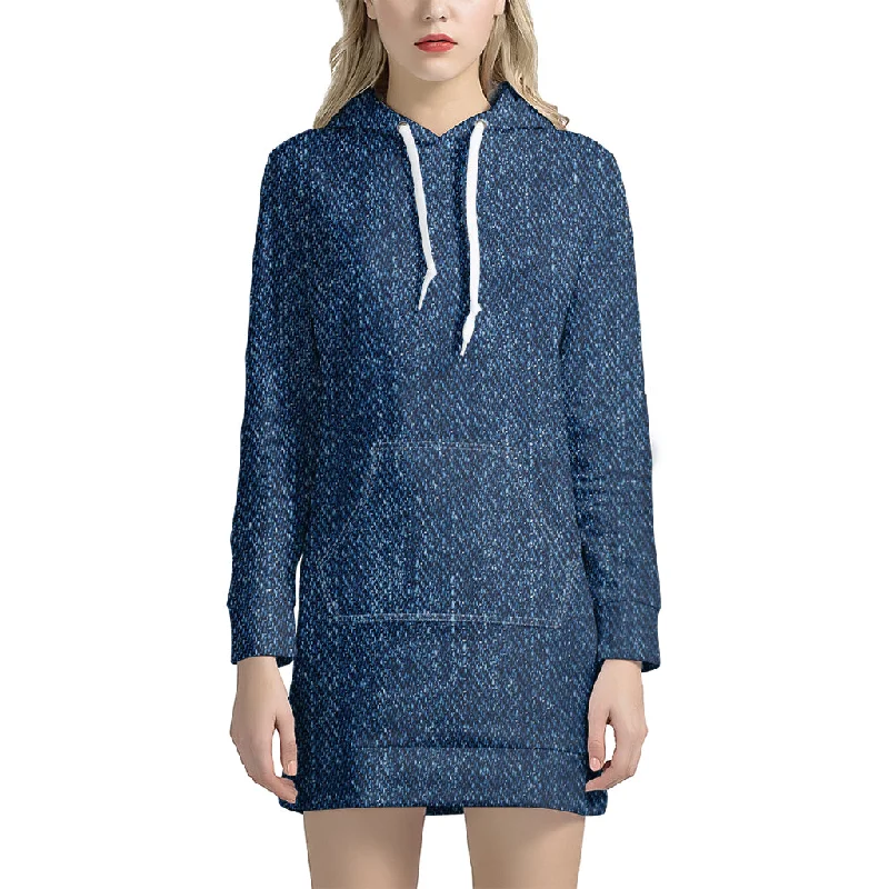Navy Blue Denim Jeans Print Pullover Hoodie Dress