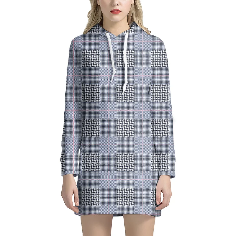 Navy Blue Prince of Wales Check Print Pullover Hoodie Dress