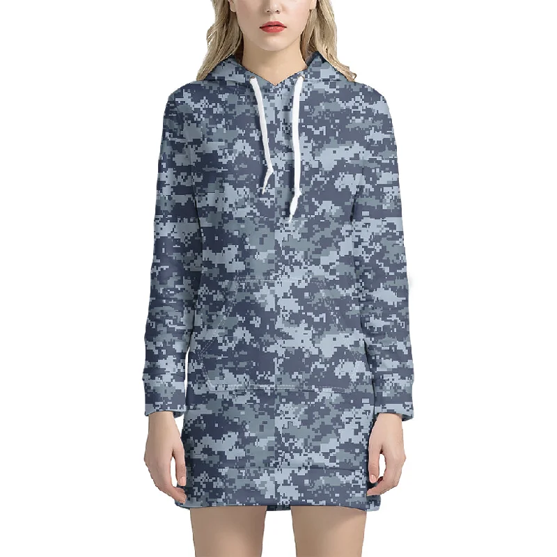Navy Digital Camo Pattern Print Pullover Hoodie Dress
