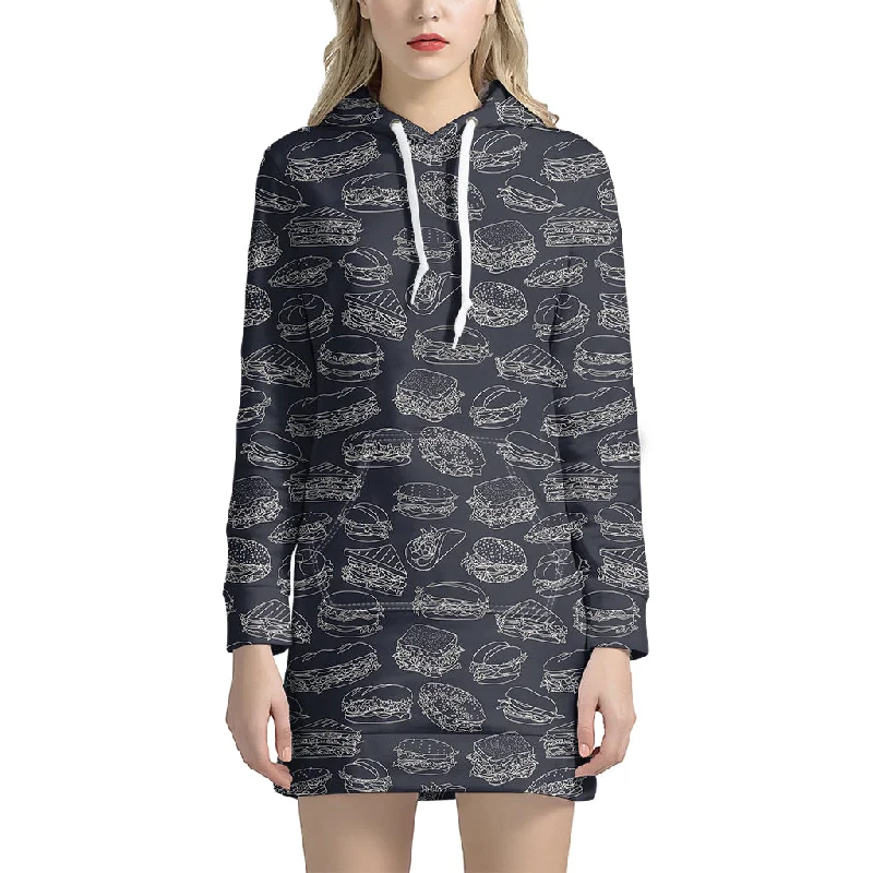 Navy Doodle Sandwich Pattern Print Pullover Hoodie Dress