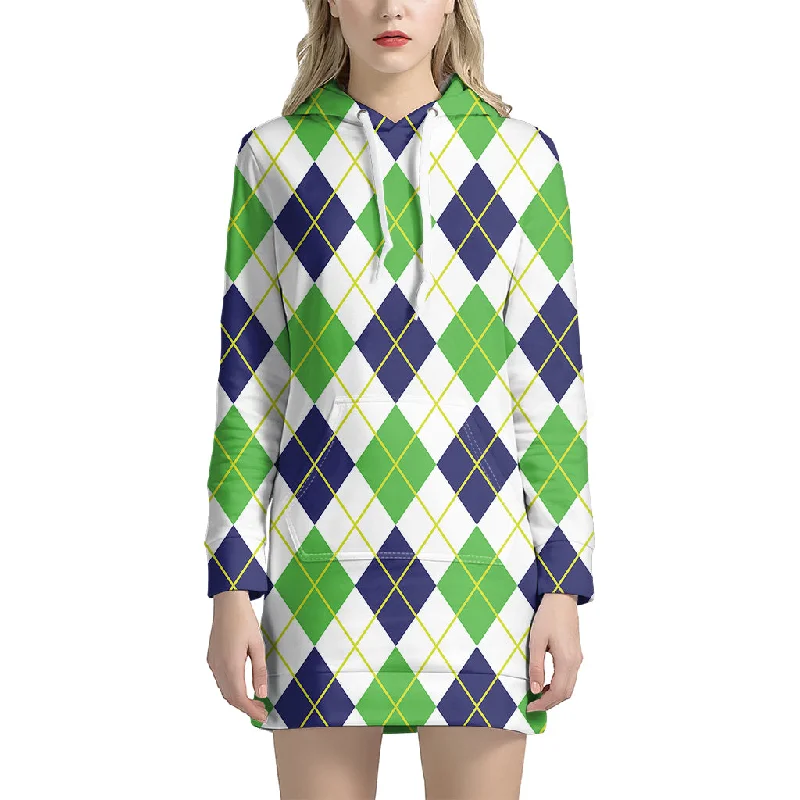 Navy Green And White Argyle Print Pullover Hoodie Dress