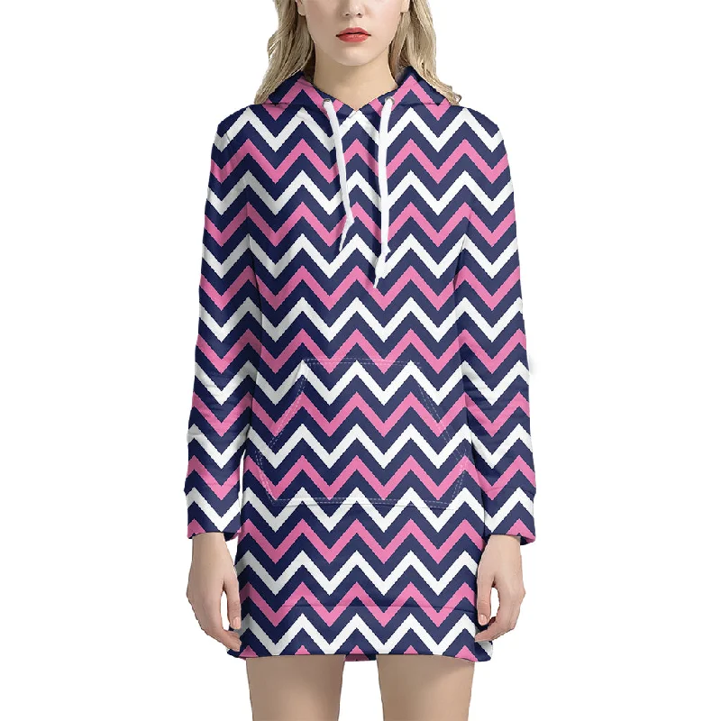Navy Pink And White Chevron Print Pullover Hoodie Dress