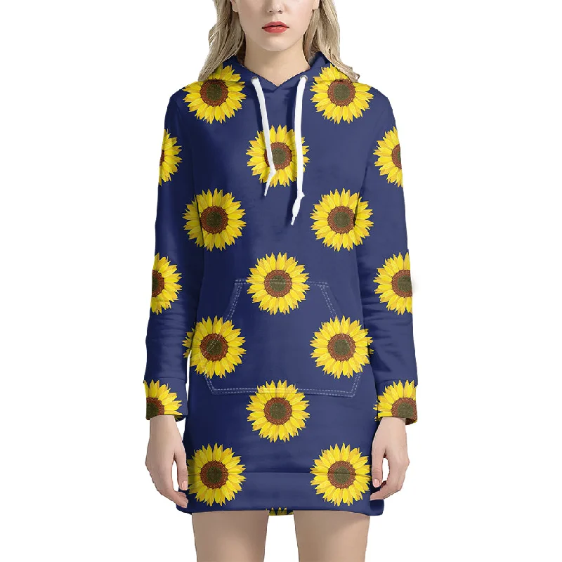 Navy Sunflower Pattern Print Pullover Hoodie Dress