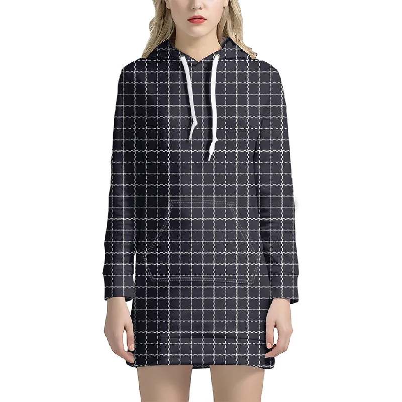 Navy Tattersall Pattern Print Pullover Hoodie Dress
