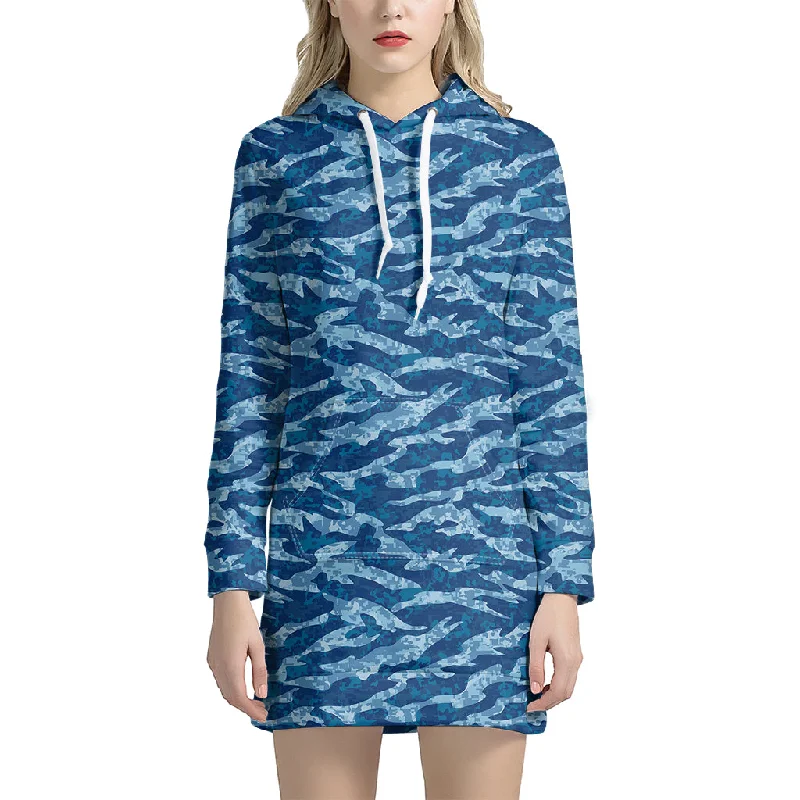 Navy Tiger Stripe Camo Pattern Print Pullover Hoodie Dress