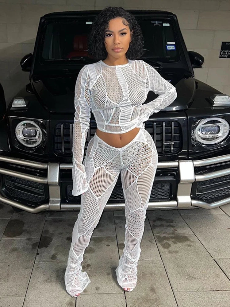 New arrivals women's sets knit round neck long sleeve tops+pants hollow out knit outfits 2 piece set women Soft Sweatpants Style