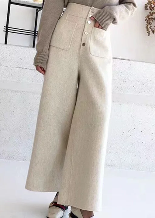 New Beige Pockets High Waist Woolen Crop Pants Winter Stylish Elastic Waist Pants