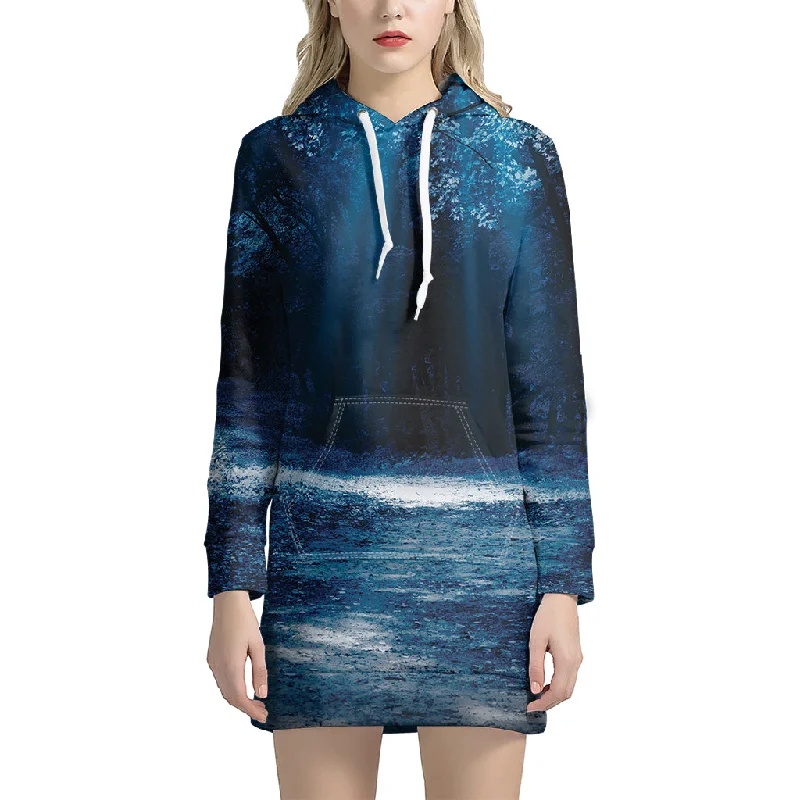 Night Forest And Moonlight Print Pullover Hoodie Dress