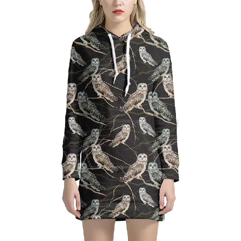 Night Owl Pattern Print Pullover Hoodie Dress